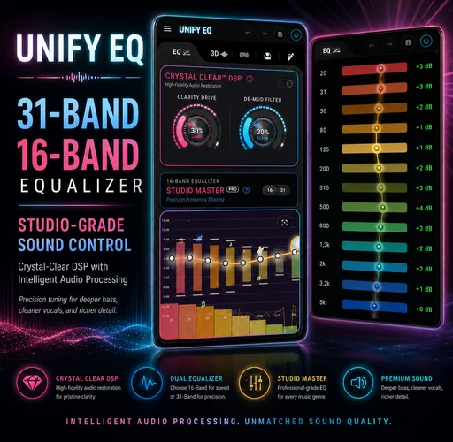 UNIFY Equalizer Bass Booster showing professional 16-band and 31-band graphic equalizer controls